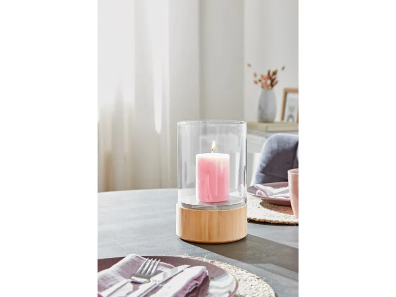 Glazen windlicht met houten voet<LIVARNO home