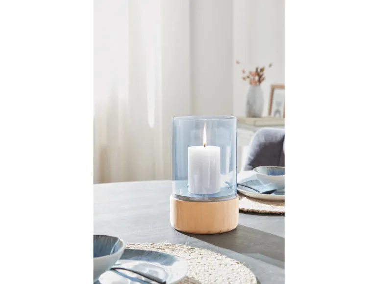 Glazen windlicht met houten voet<LIVARNO home